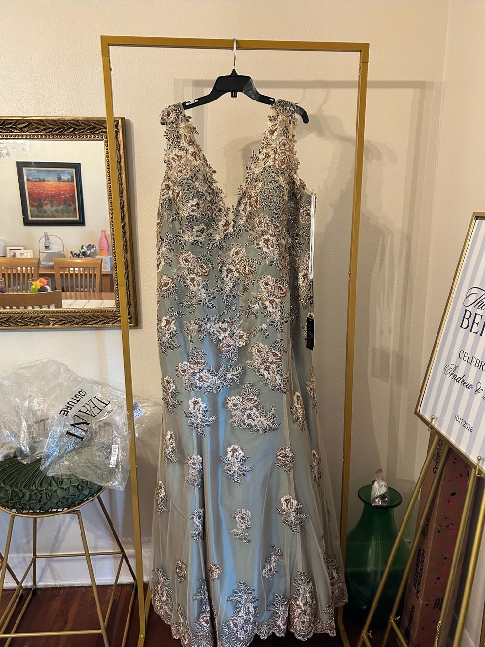 Terani Couture Sage Green Lace-Appliqué V-Neck Prom Gown